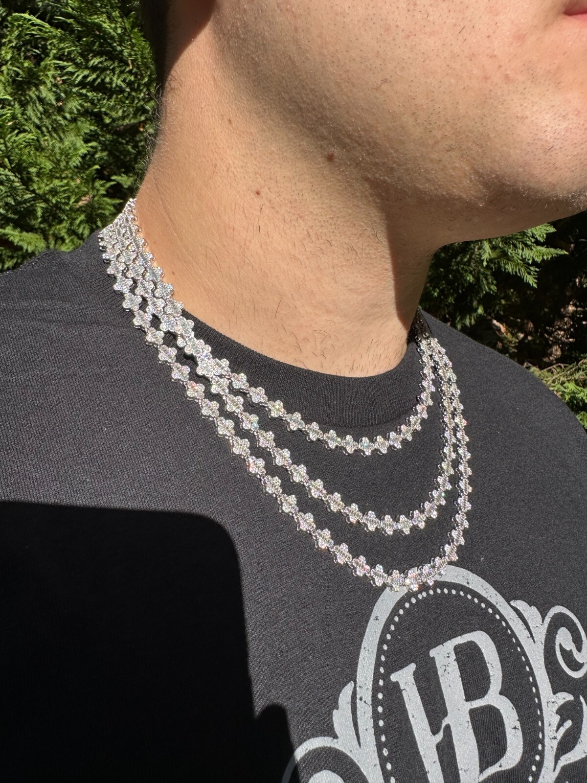 Real Iced MOISSANITE Baguette Clover Tennis Chain Necklace – VVS D Color 8mm