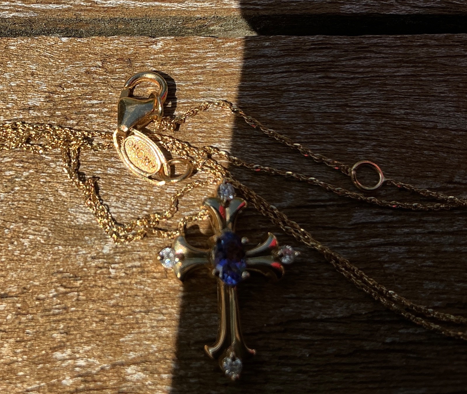 AMORO 14K Gold Cross Pendant & Chain 2.5g TW Diamond Sapphire? EXCELLENT