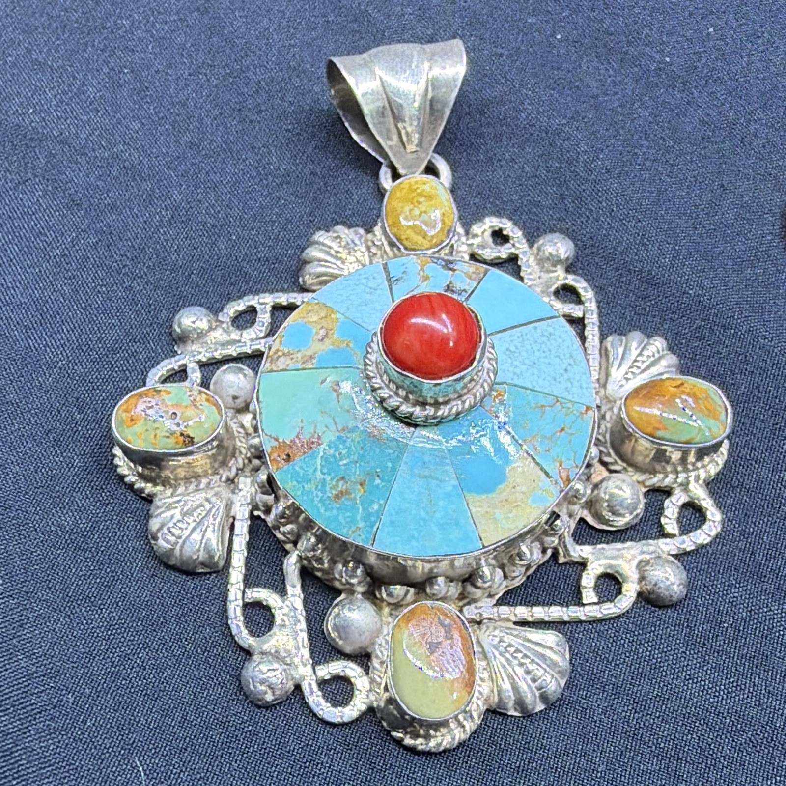 925 Sterling Silver India Turquoise Multi-Stone Inlay Round Pendant Signed