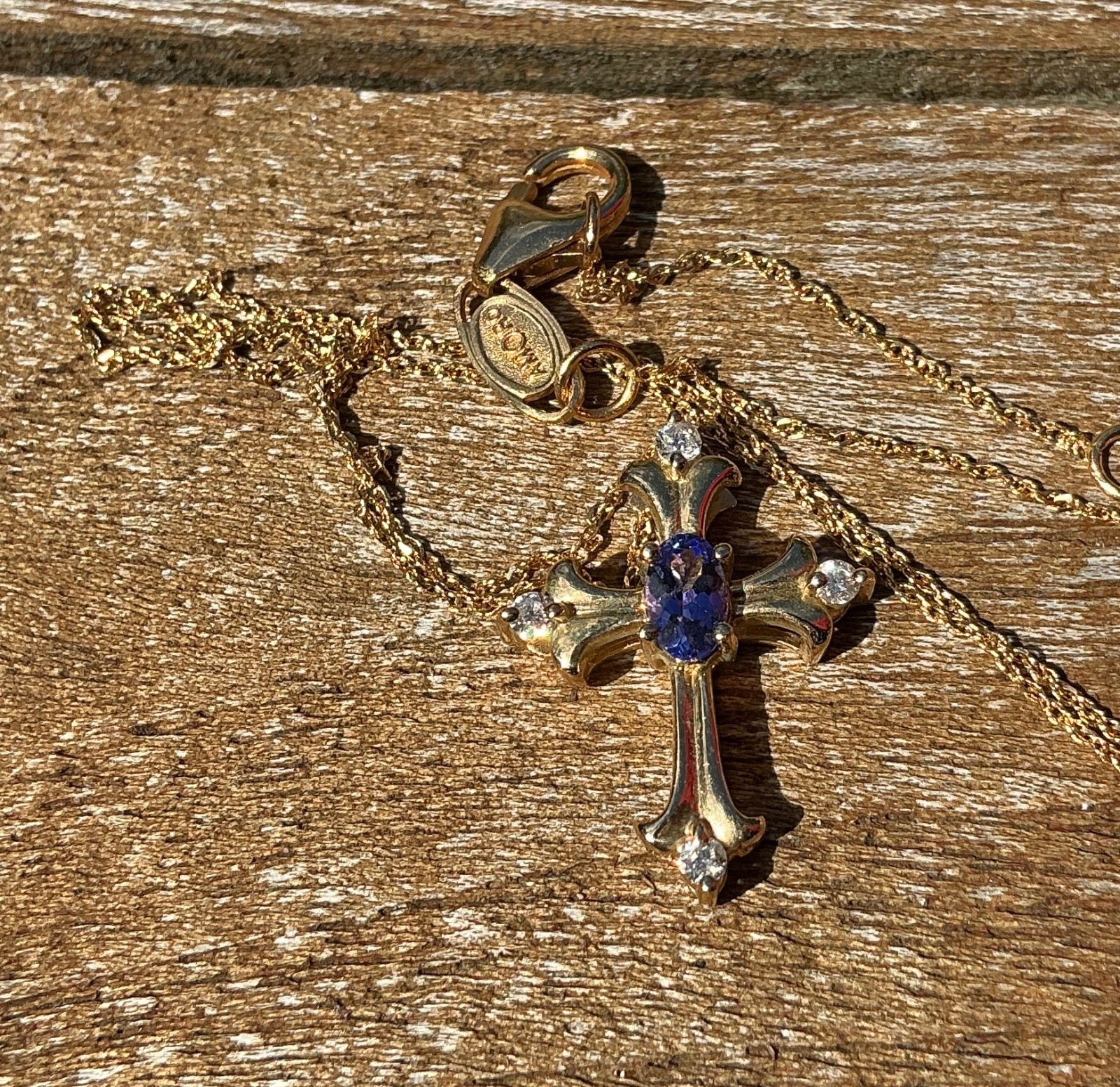 AMORO 14K Gold Cross Pendant & Chain 2.5g TW Diamond Sapphire? EXCELLENT