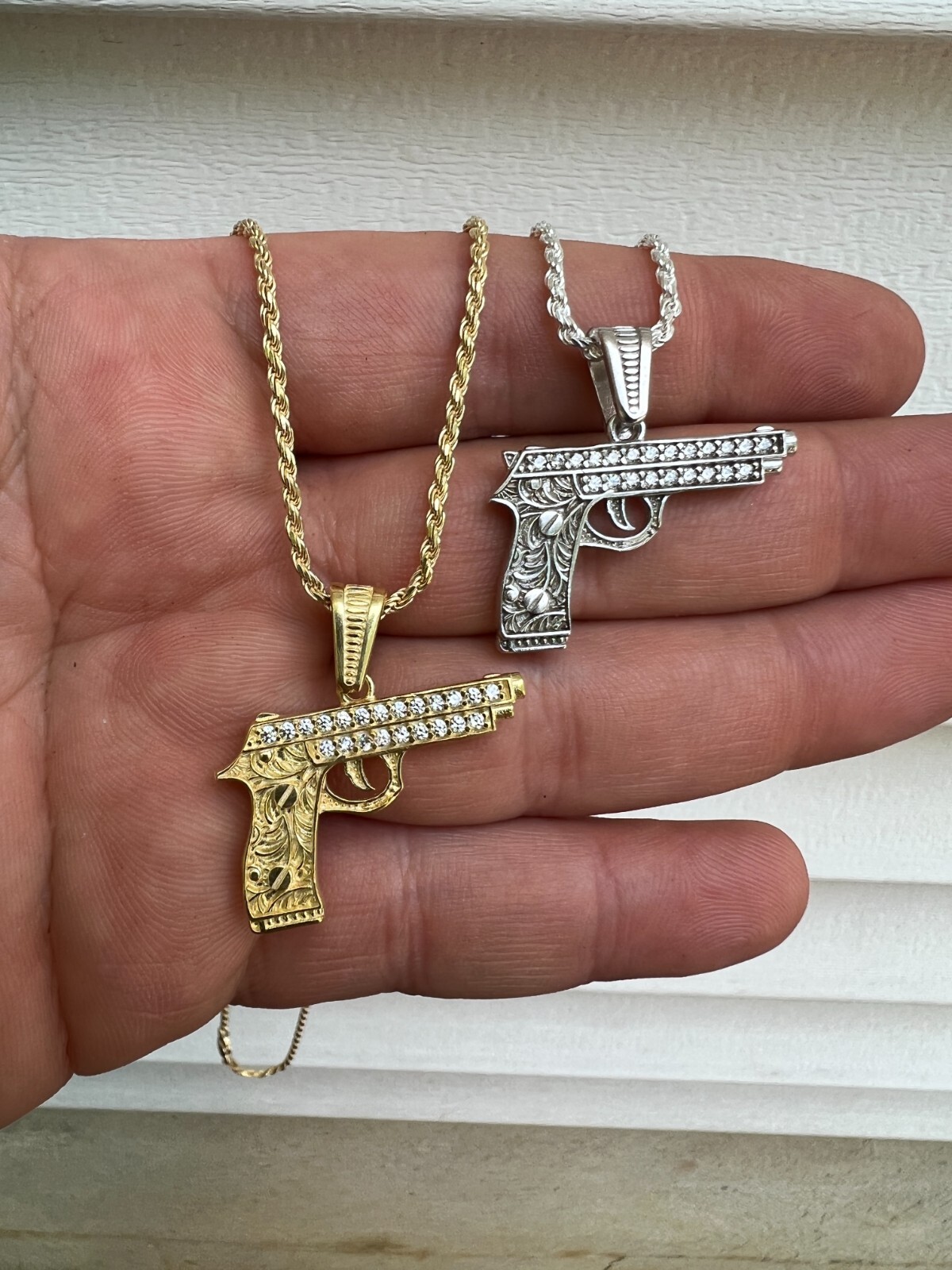 Real 925 Silver / 14k Gold Plated Gun Desert Eagle Pistol Pendant Necklace CZ