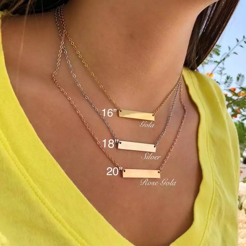 Personalized Engraved Bar Name necklace 18K Gold Plt women fashion gifts, Trendy