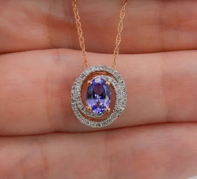14K Rose Gold Plated 2Ct Oval Lab Created Blue Tanzanite Halo Pendant Necklace