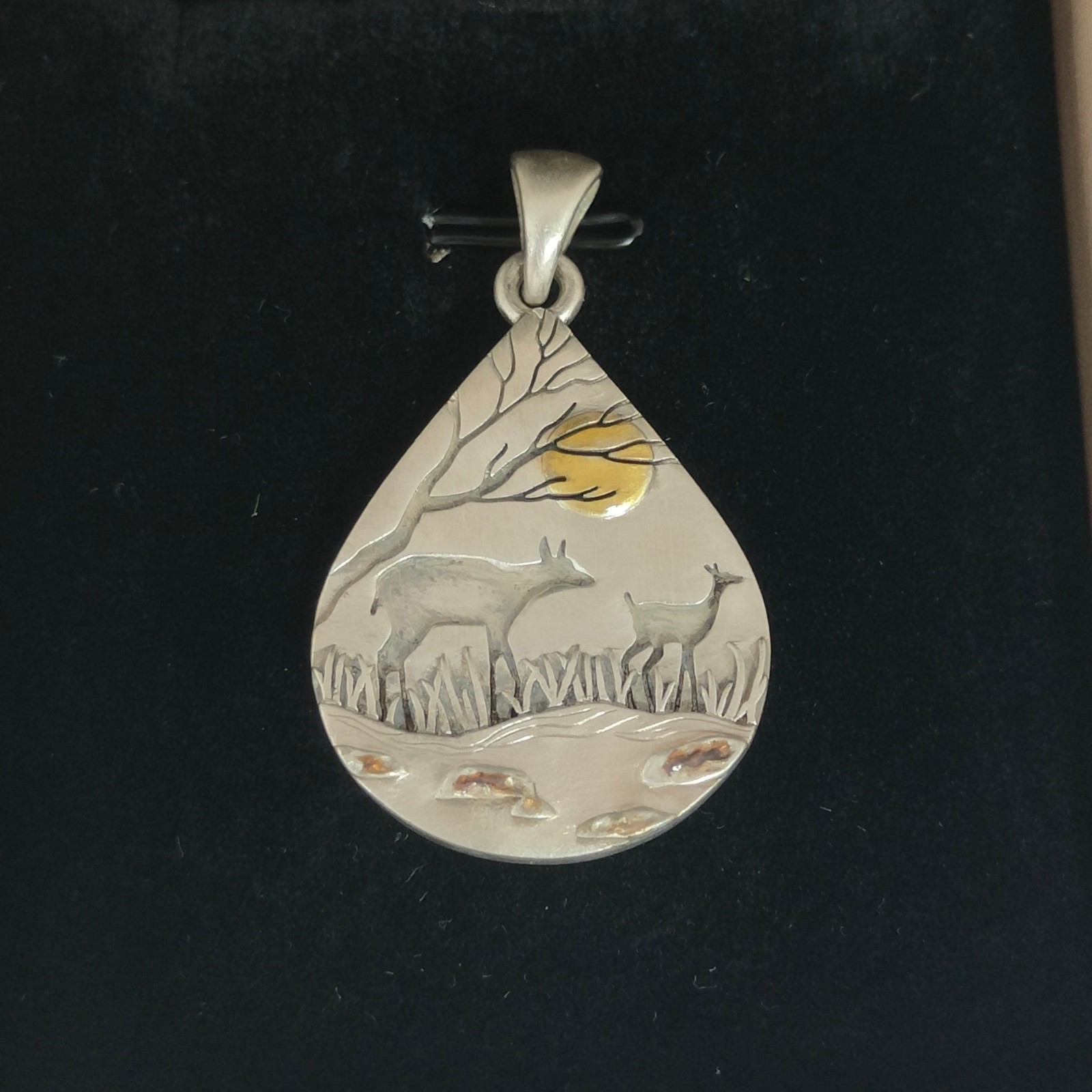 Deer Forest Pendant Teardrop Nature Necklace Charm Sterling Silver Handcrafted
