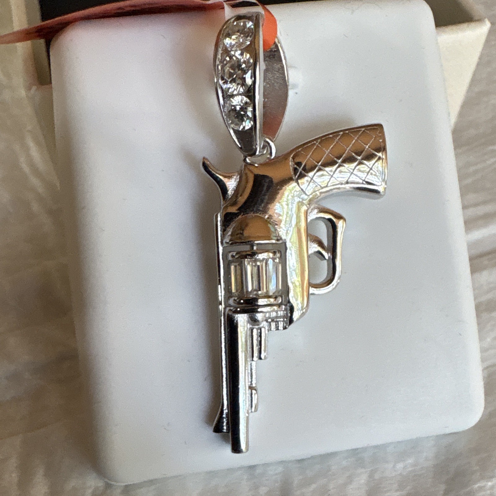 925 Sterling Silver Moissanite Revolver Gun Pendant Baguette Clear 2.00 ctw