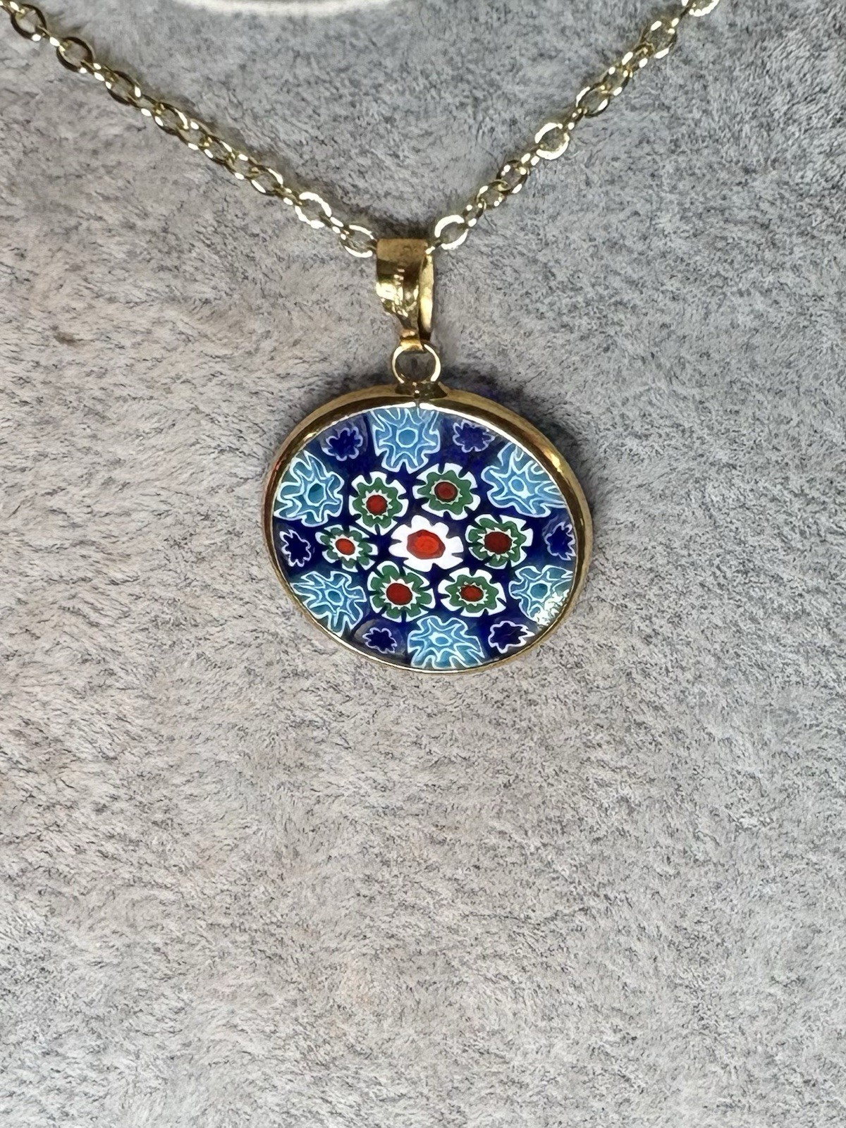 Vintage 18K 750 Bezel Italian Murano Millefiori Daisy Floral Pendant 2.10G 26mm