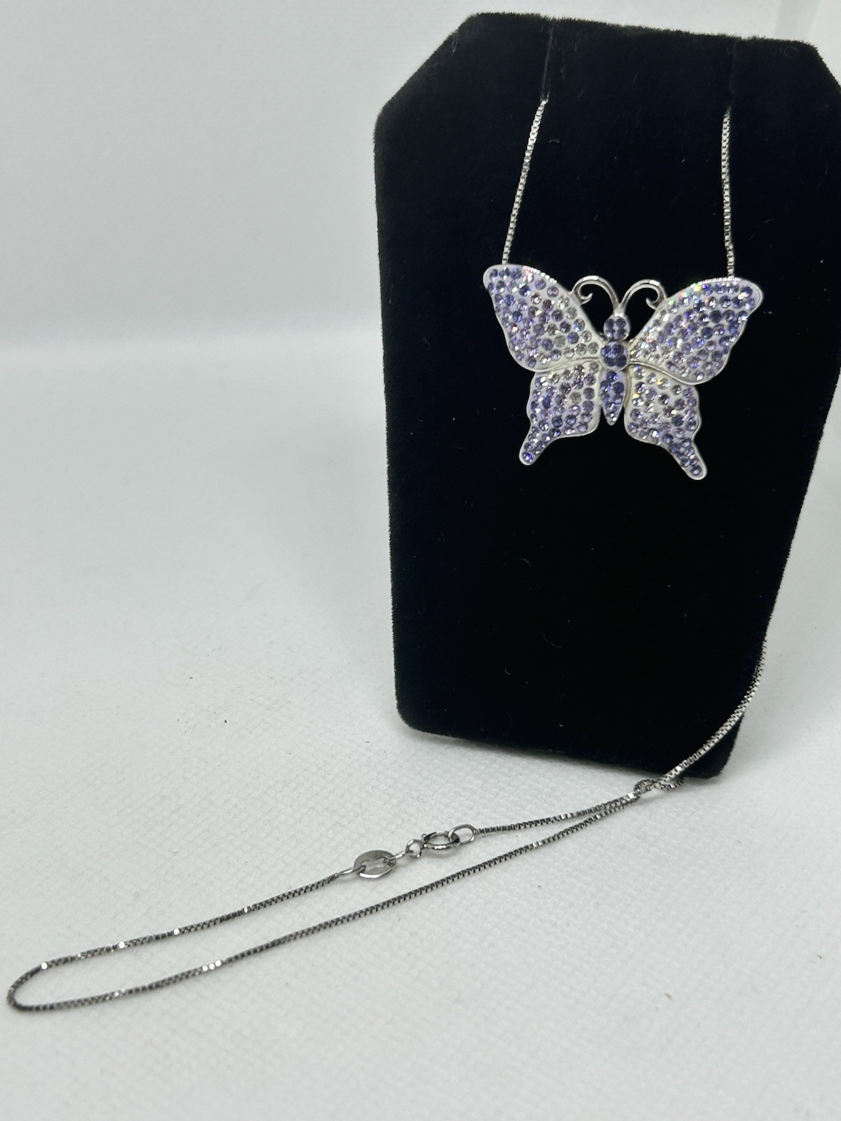 925 Sterling Silver Butterfly Pendant Necklace Purple Pavé Crystal Box Chain