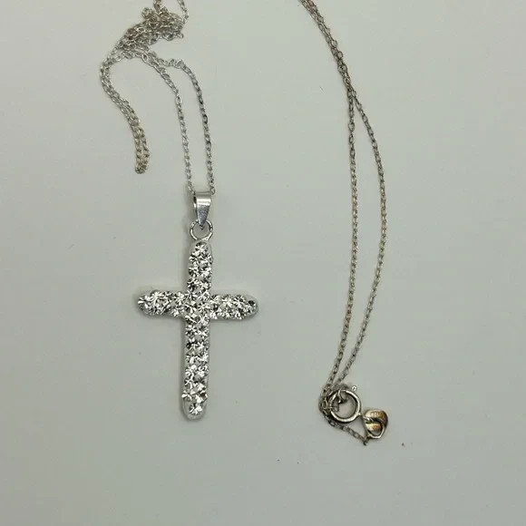 Sterling Silver Crystal Cross Necklace 17″ Stamped 925 Italy Dainty Unbranded