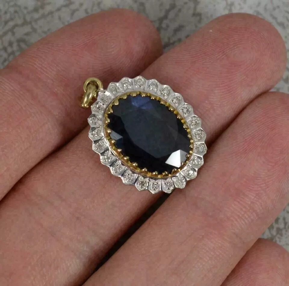 3Ct Oval Cut Sapphire Halo Pendant 14K Two Tone Gold Finish Free Chain