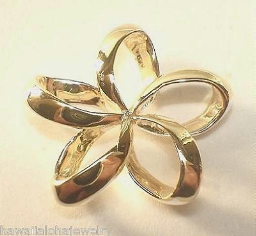 26MM 2-TONE YELLOW GOLD PLATED 925 SILVER HAWAIIAN RIBBON PLUMERIA SLIDE PENDANT