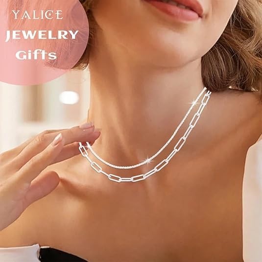 Yalice 925 Sterling Silver Sparkly Necklace Layered Dainty Chain Necklace…
