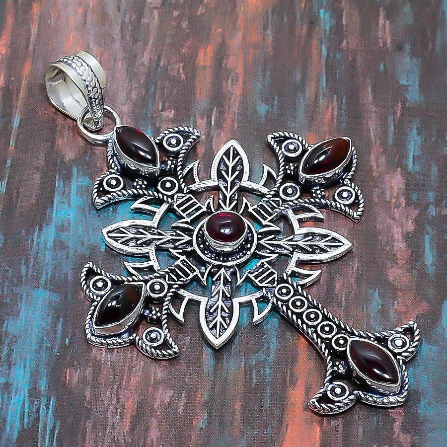 Cross Garnet Gemstone Handmade 925 Sterling Silver Jewelry Pendant