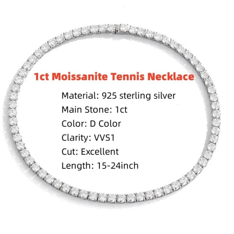 1ct D Color Round Cut Moissanite Tennis Necklace For Men Women S925 Silver GRA