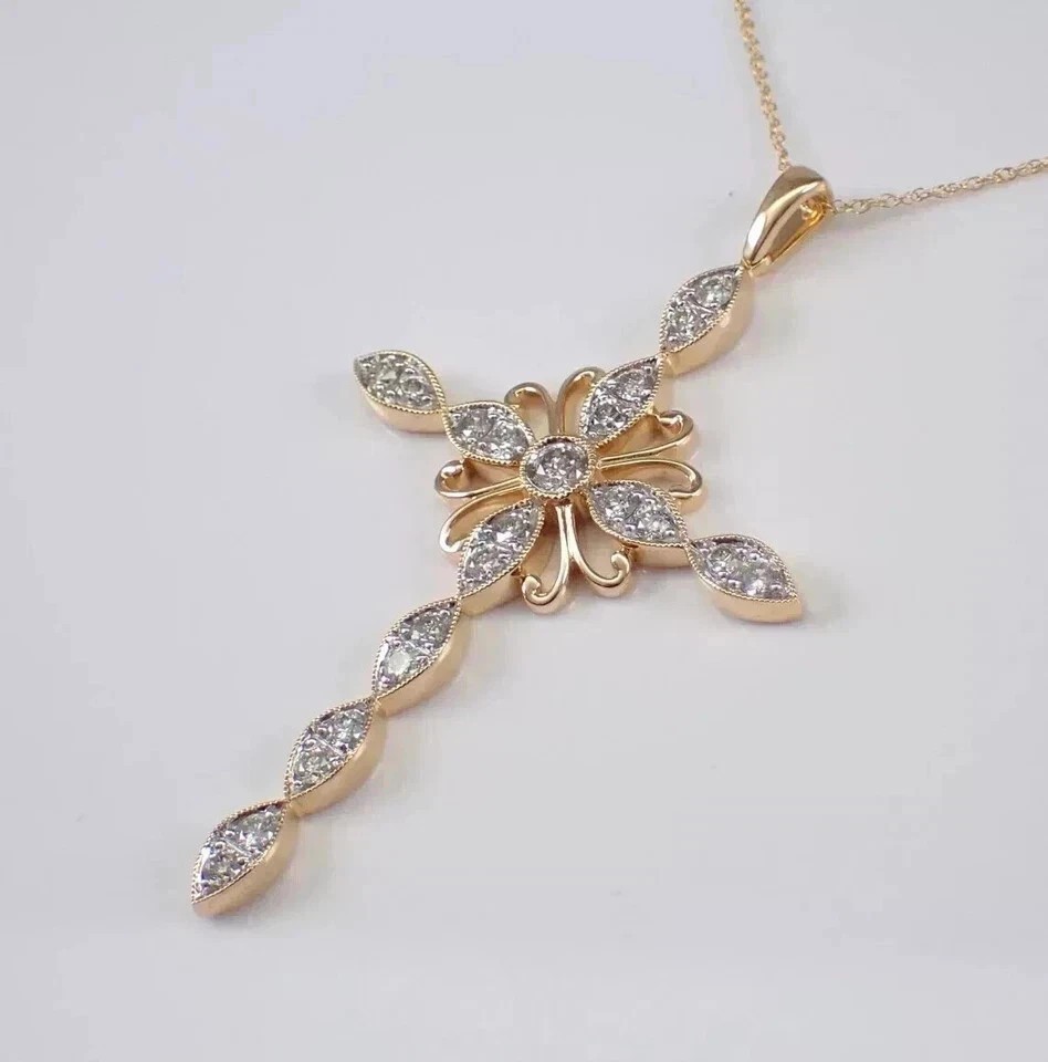 Moissanite Cross Pendant 2CT Round Cut 14K Yellow Gold Plated