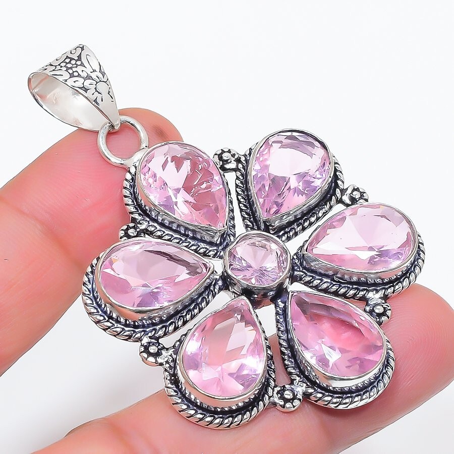 Pink Kunzite Gemstone Handmade 925 Sterling Silver Jewelry Pendant Size 2.5″