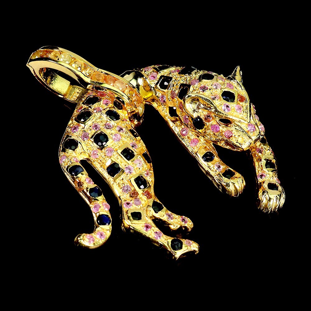 925 Sterling Silver Pendant Sapphire Round Diamond Cut Gemstone Tiger Jewelry