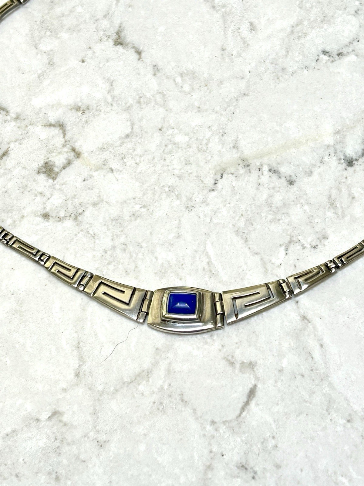 925 Sterling Silver Lapis Lazuli Greek Key Meander Link Necklace, 17”, N65