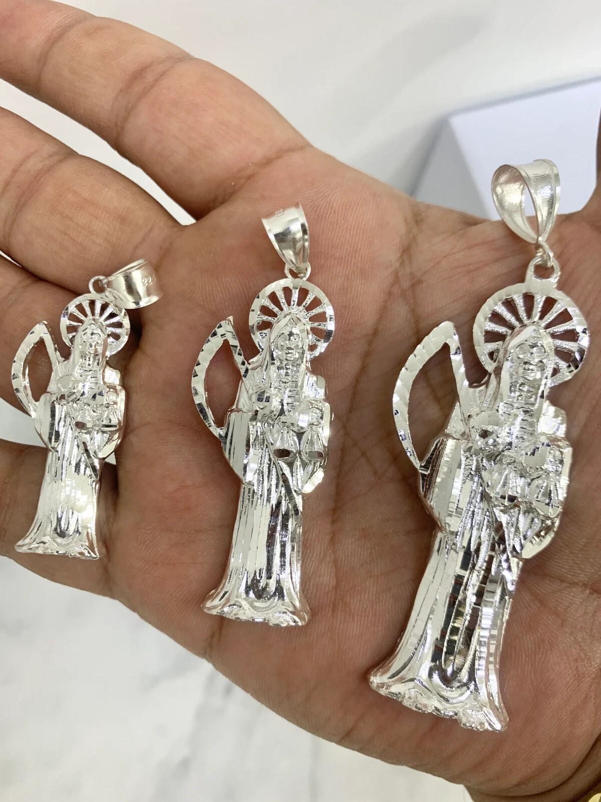 925 Sterling Silver Santa Muerte Solid Silver Medal Pendant Charm Grim Reaper