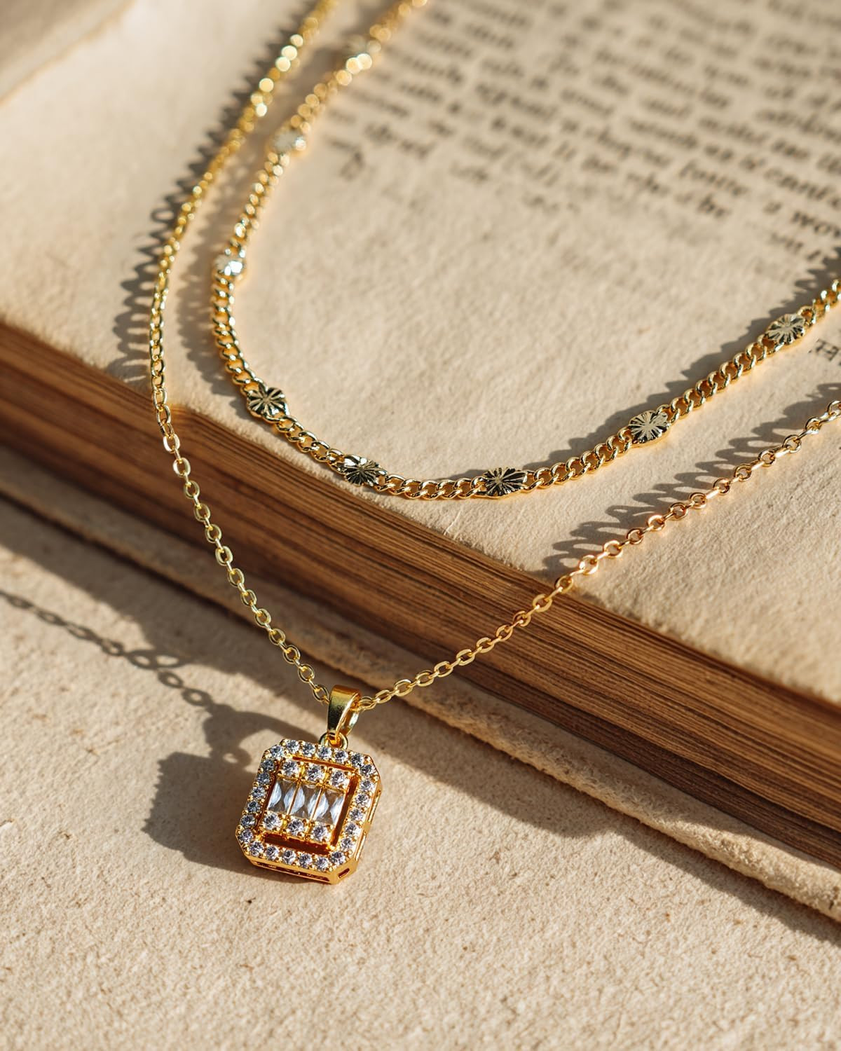 Dainty Pendant Gold Necklace for Women Layered 14K Diamond Pendant Gold Plated N