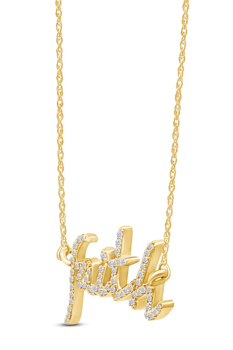2/7ct Natural Round Diamond Faith Pendant Necklace in 10k Solid Yellow Gold