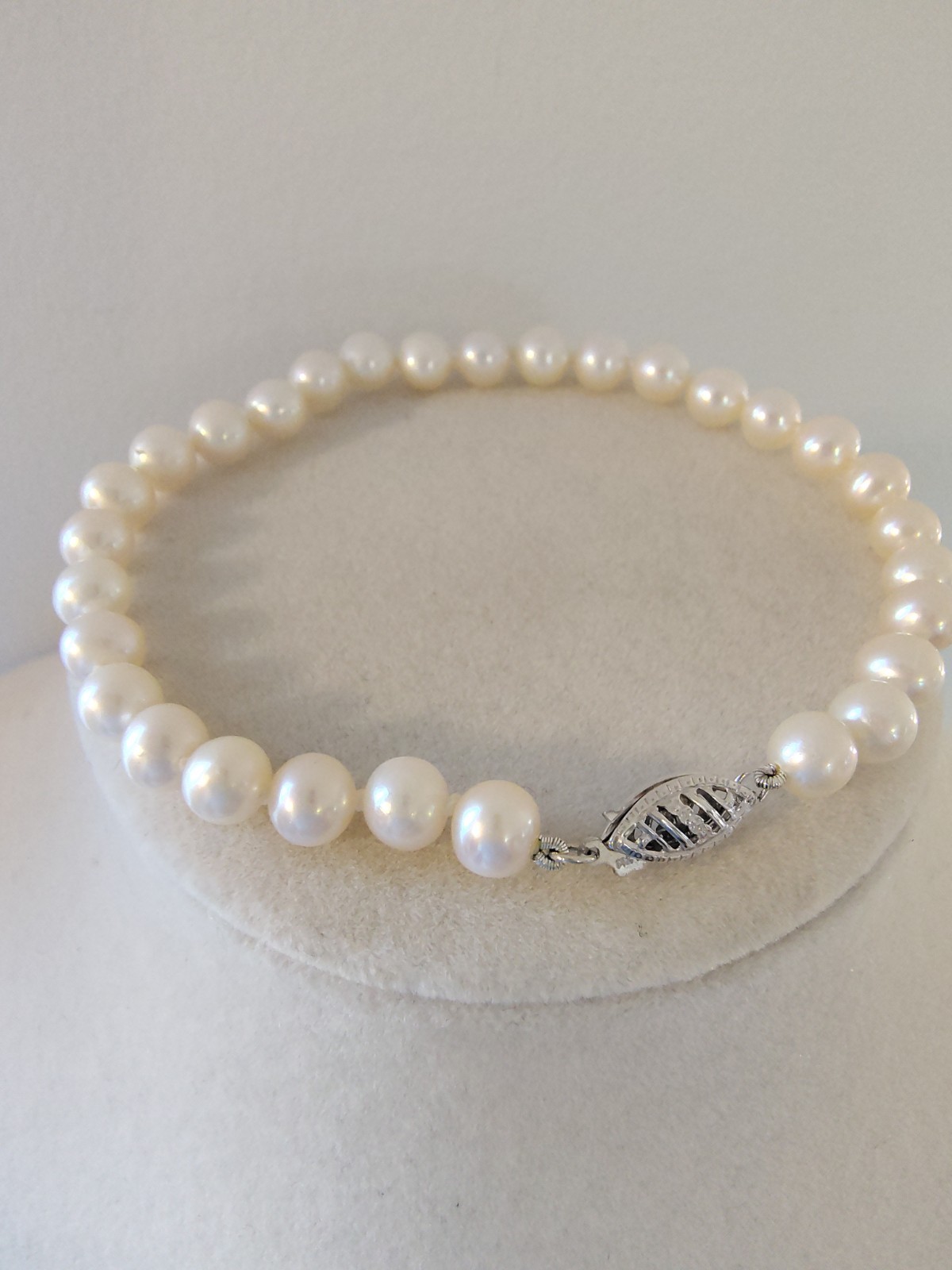 Vintage 14K White Gold Cultured Pearl Strand Bracelet 7″ Hand Knotted Filigree