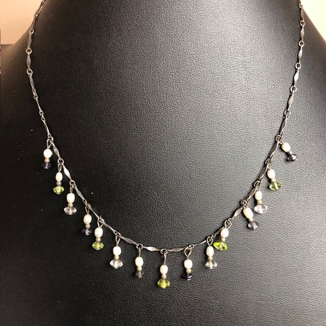 B2229 Sterling Silver Peridot Iolite Pearl Dangle Drop Fringe Necklace 16-20″