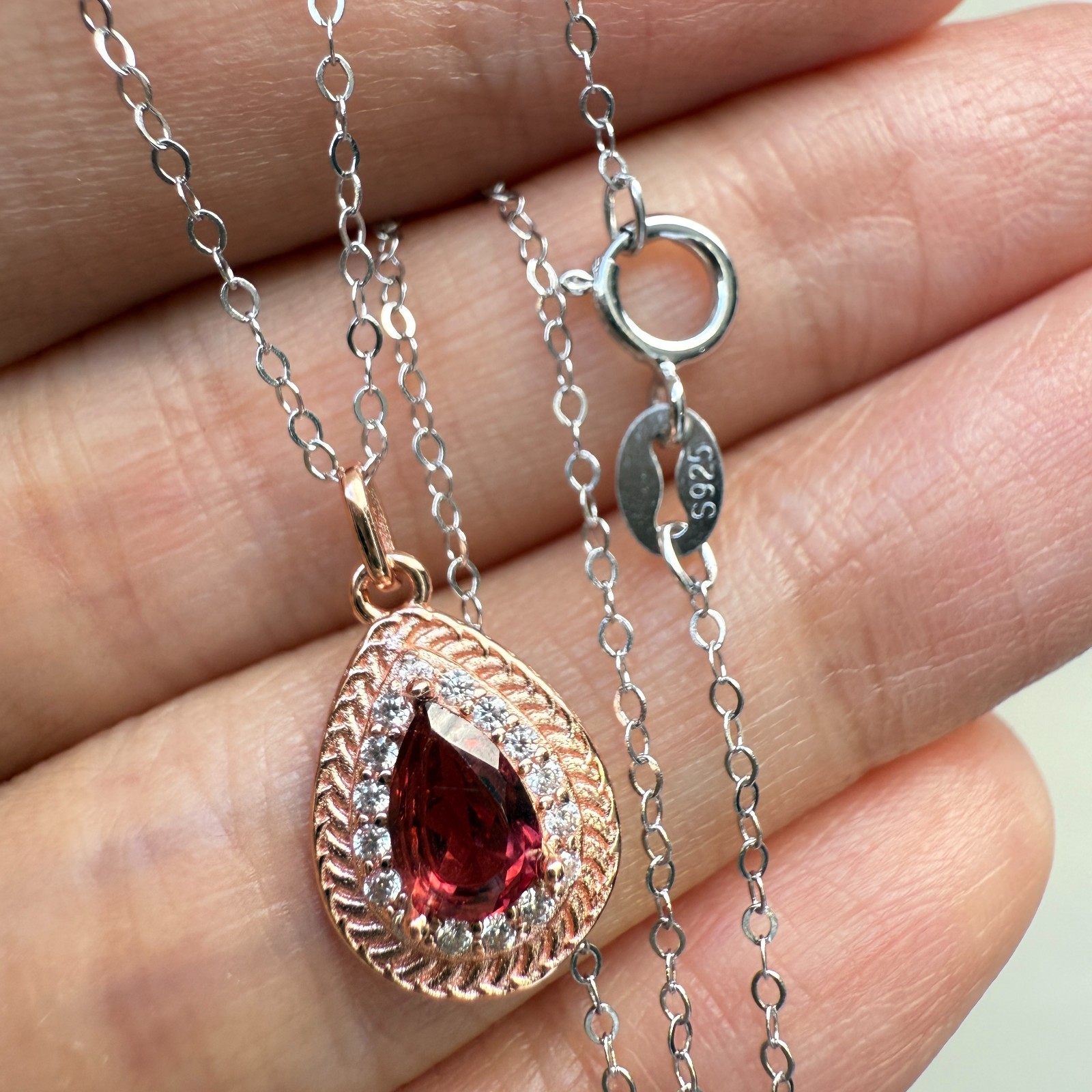 925 Sterling Silver Necklace 6x4mm Natural Garnet Gemstone Zircon Handmade Chain
