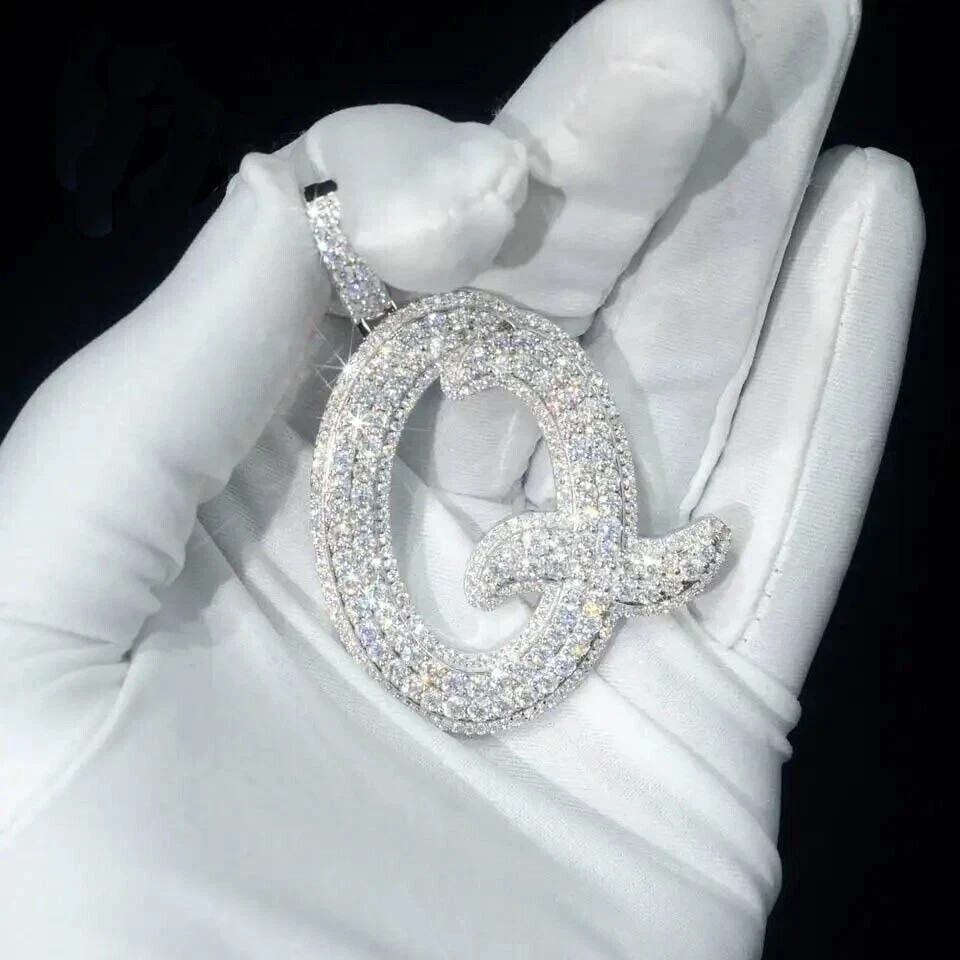 Men’s Initial Letter “Q” Pendant 3Ct Real Moissanite 14k White Gold Plated