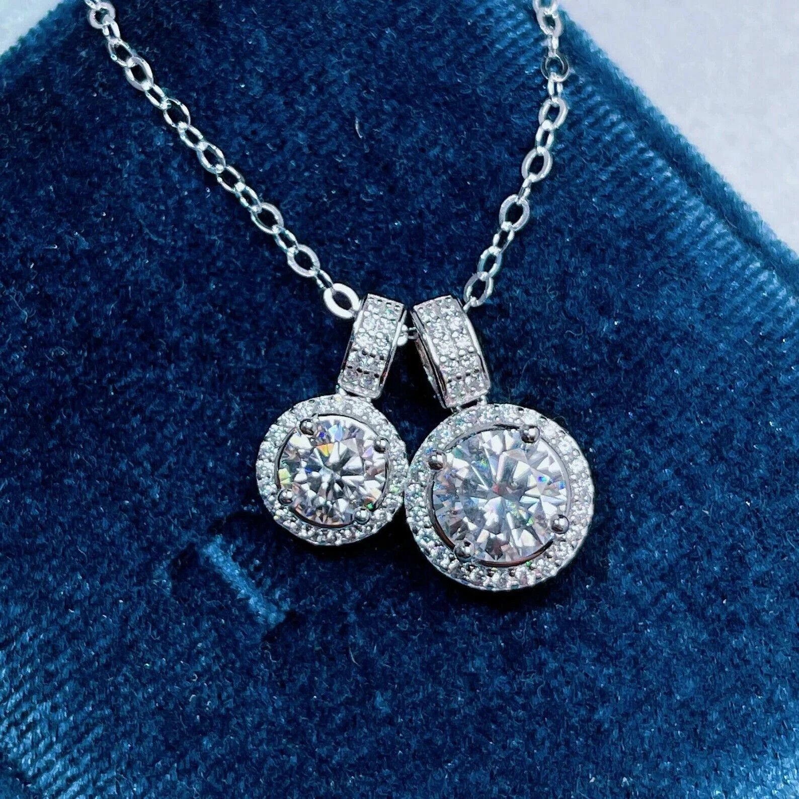 14K White Gold Finish 3Ct Round Cut diamond Double Halo Pendant Free Chain