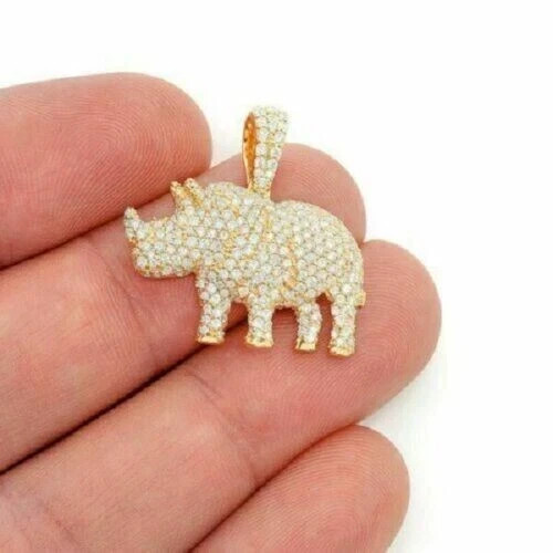 2.00CT Round Cut Diamond Rhinoceros Pendant With Chain 14K Yellow Gold Finish