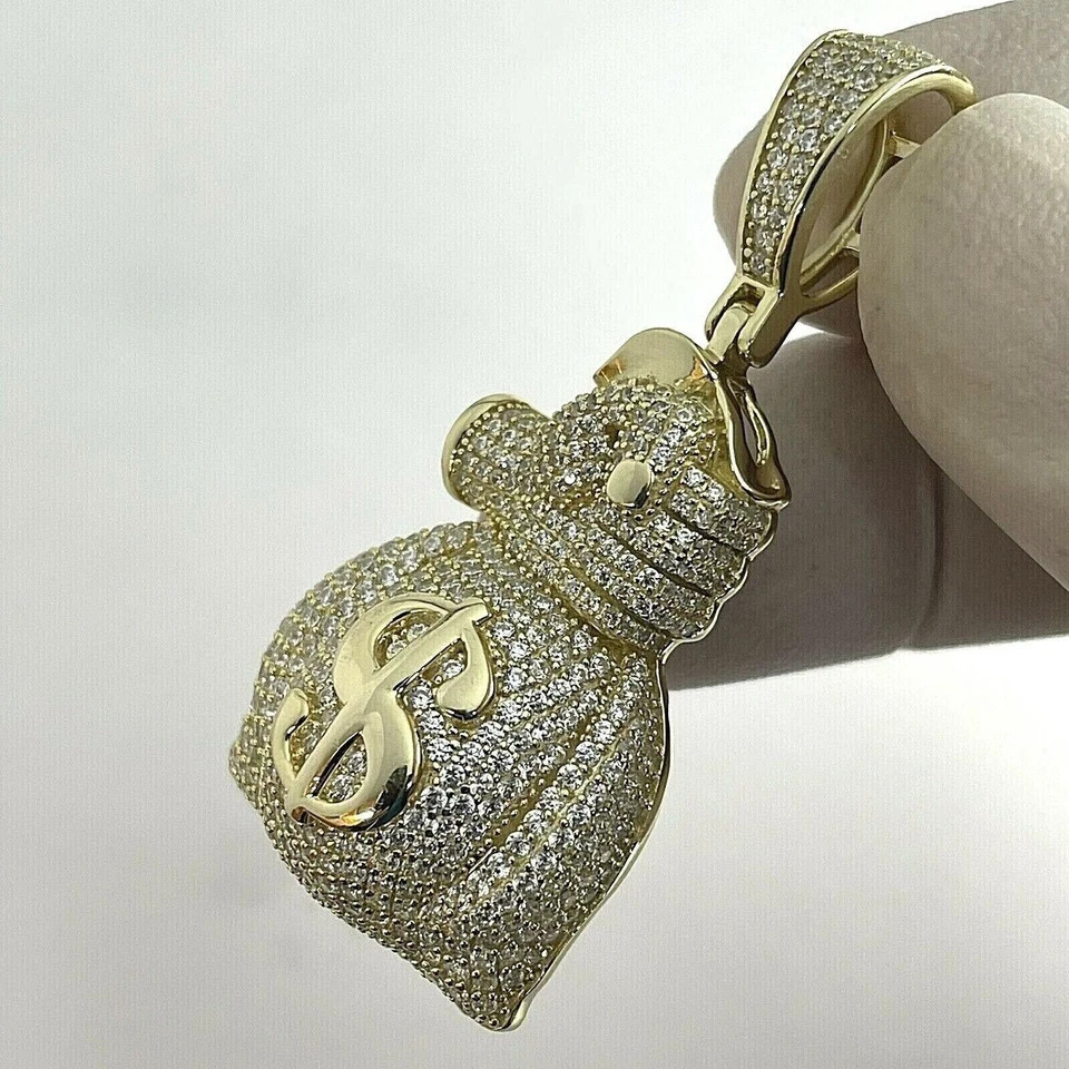 2Ct Lab Created Moissanite Dollar Money Bag Men’s Pendant Real 10K Yellow Gold
