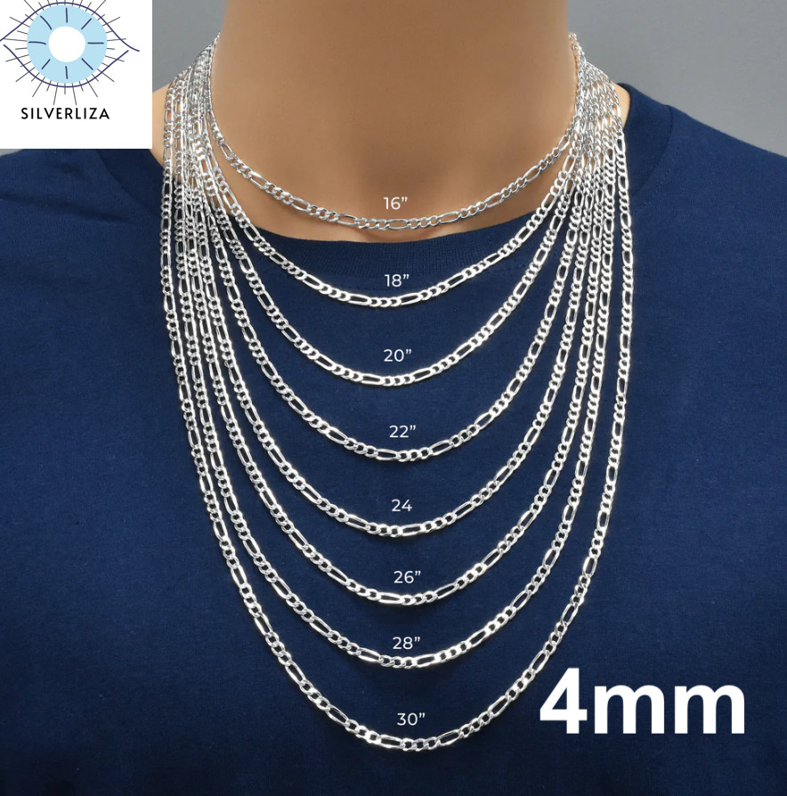Sterling Silver Men’s Women’s Figaro Solid Chain Bracelet or Necklace 925 Italy