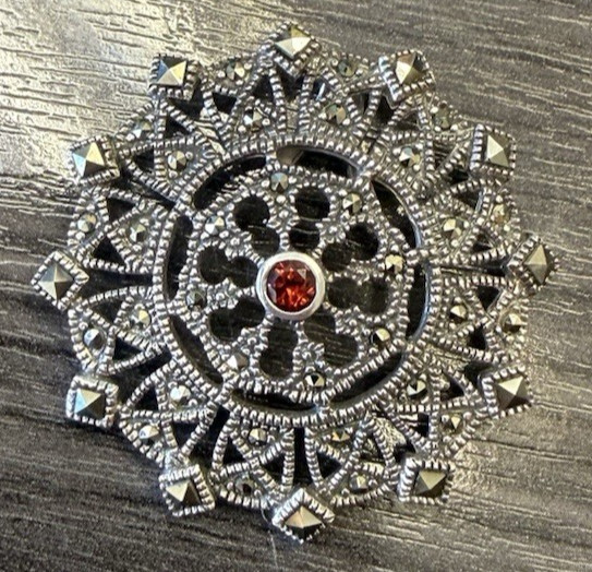 Vintage 925 Sterling Silver Marcasite Filigree Victorian Pendant with Garnet