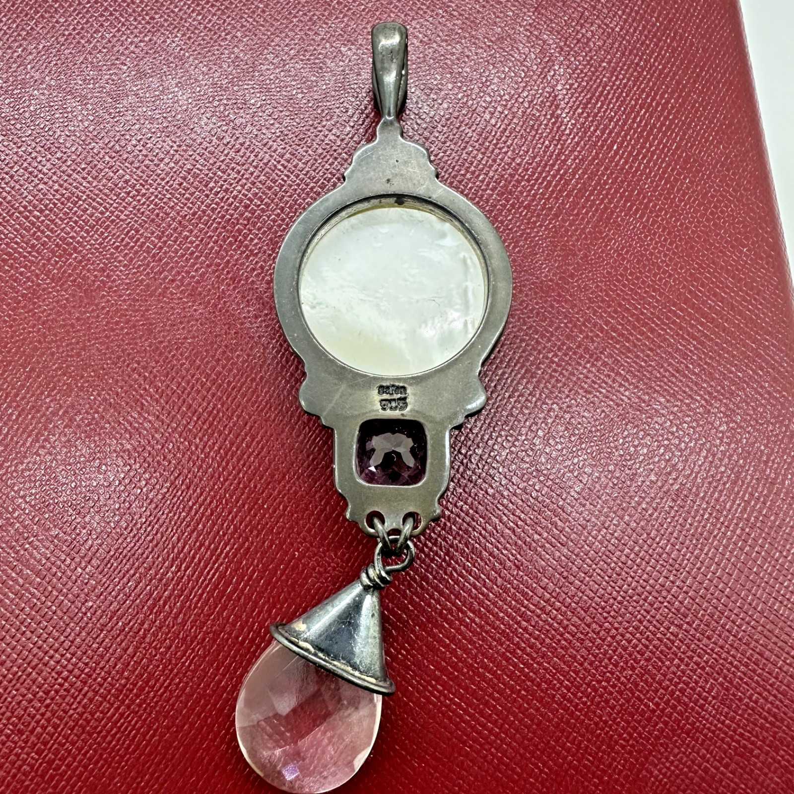 SAJEN STERLING SILVER CARVED MOP CAT AMETHYST & ROSE QUARTZ DANGLE PENDANT