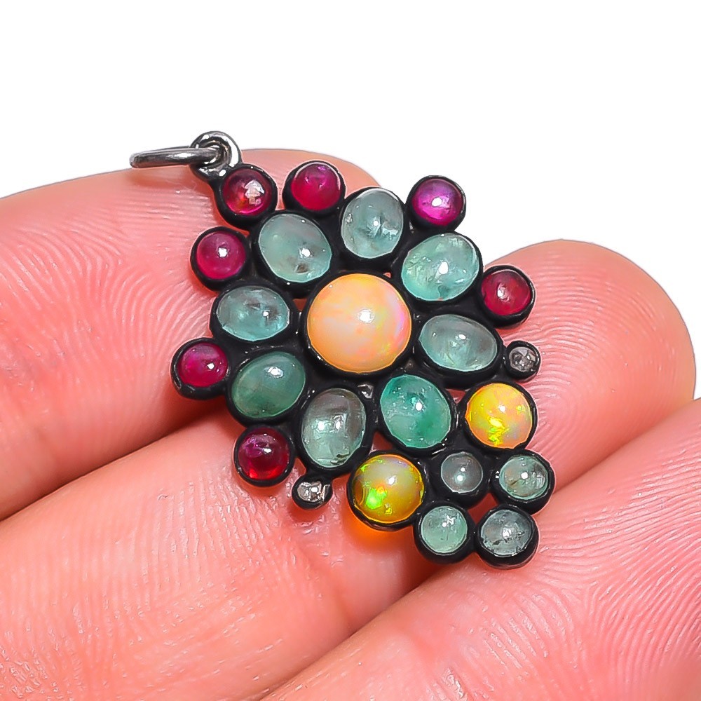Ethiopian Opal Emerald Ruby Gemstone 925 Sterling Silver Pendant 1.3″ P-354