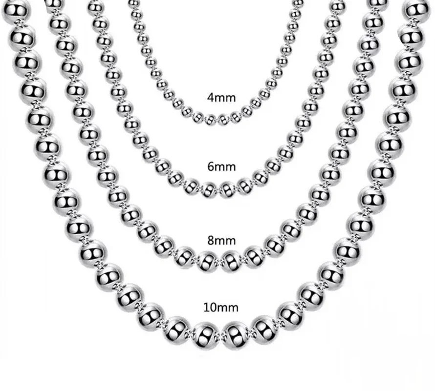 925 Sterling Silver Women 6mm Smooth Beads Ball Chain Necklace Jewelry Gift