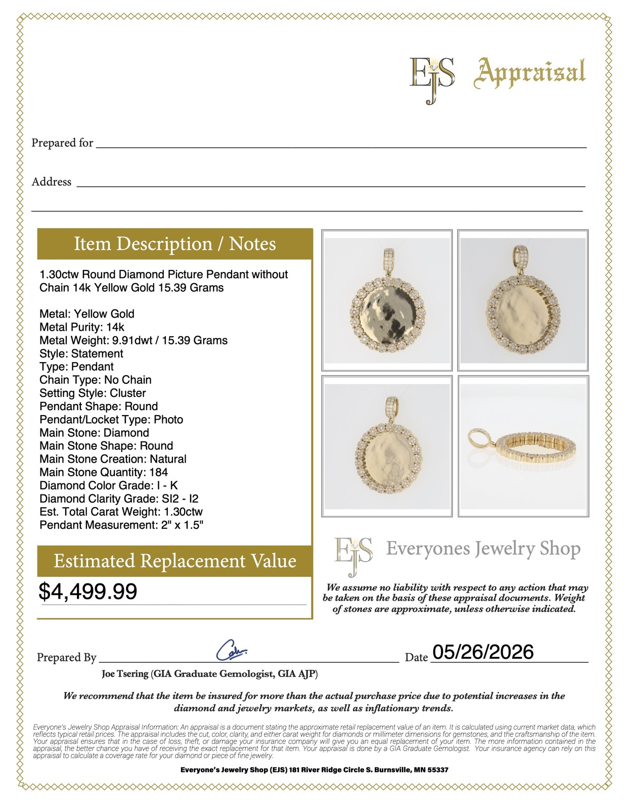 1.30ctw Round Diamond Picture Pendant without Chain 14k Yellow Gold 15.39 Grams