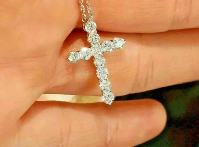 3Ct Round Cut Lab Created Diamond Cross Necklace Pendant 14K White Gold Plated