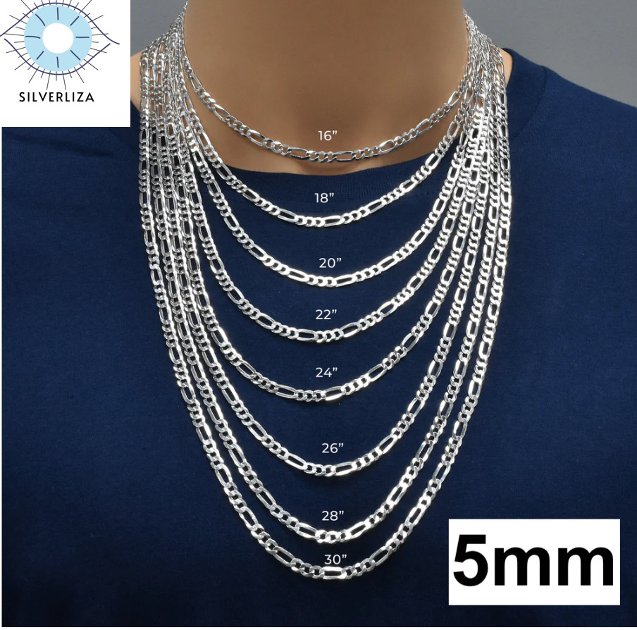 Sterling Silver Men’s Women’s Figaro Solid Chain Bracelet or Necklace 925 Italy