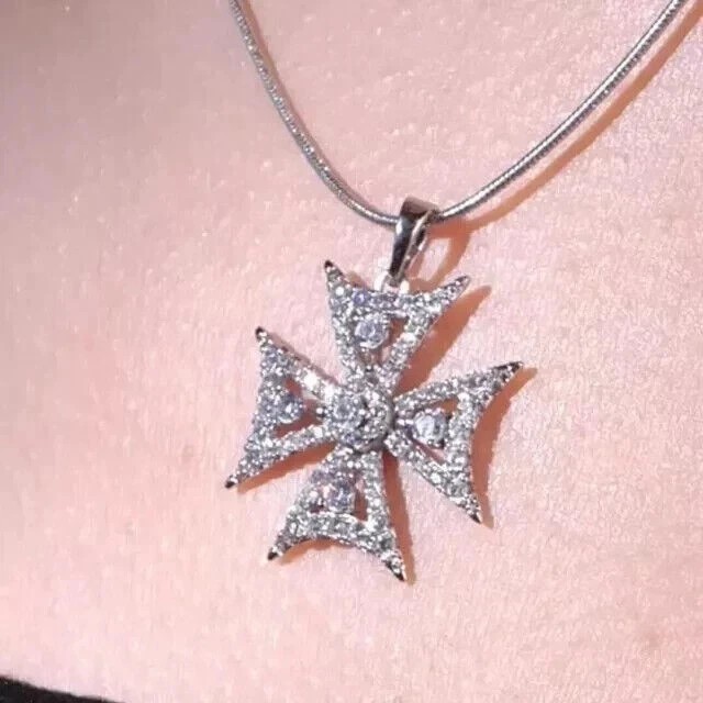 Symbol Cross Natural Diamond Christmas Pendant 14K White Gold Without Chain