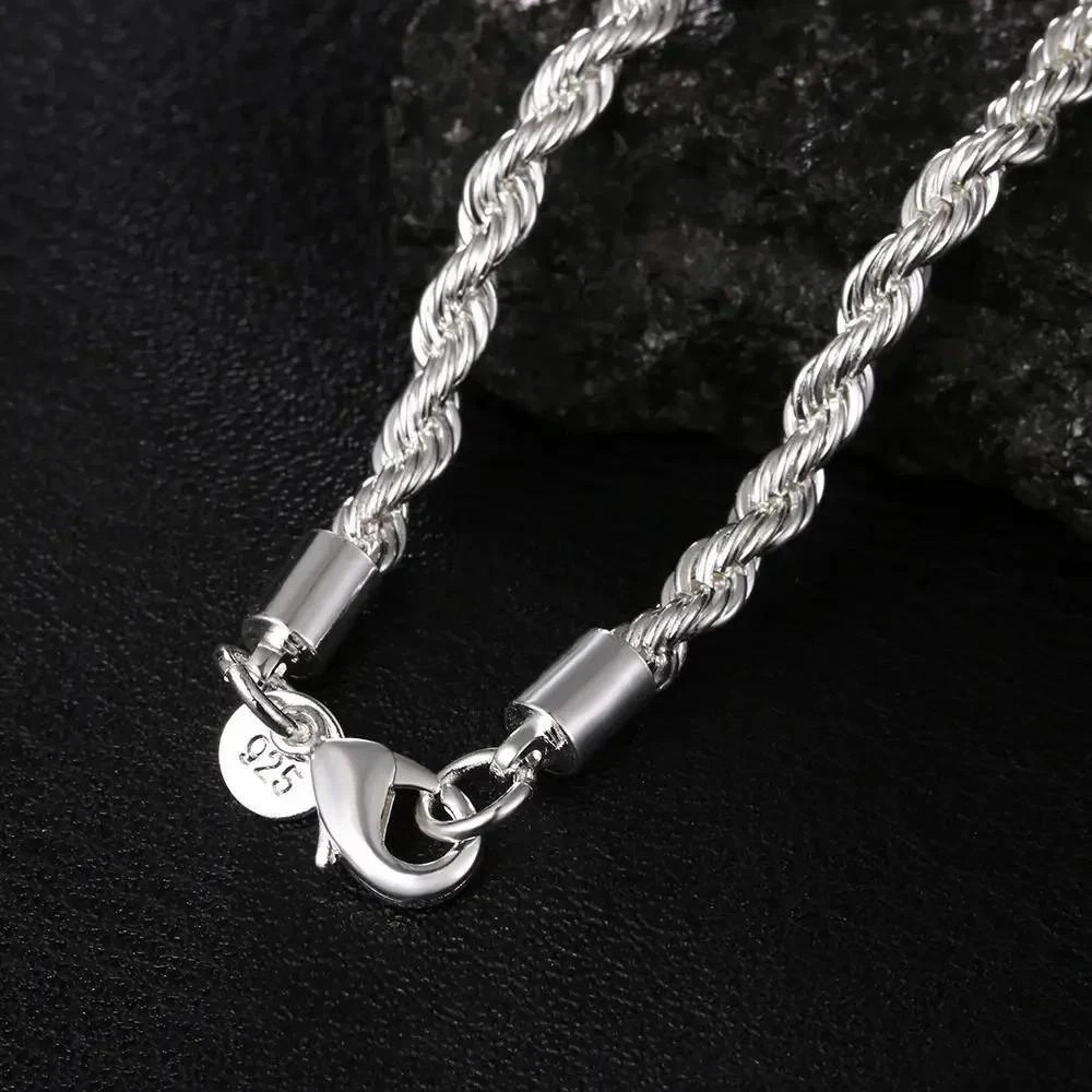 4mm Diamond Cut Solid 925 Sterling Silver Italian Rope Chain Men’s Necklace
