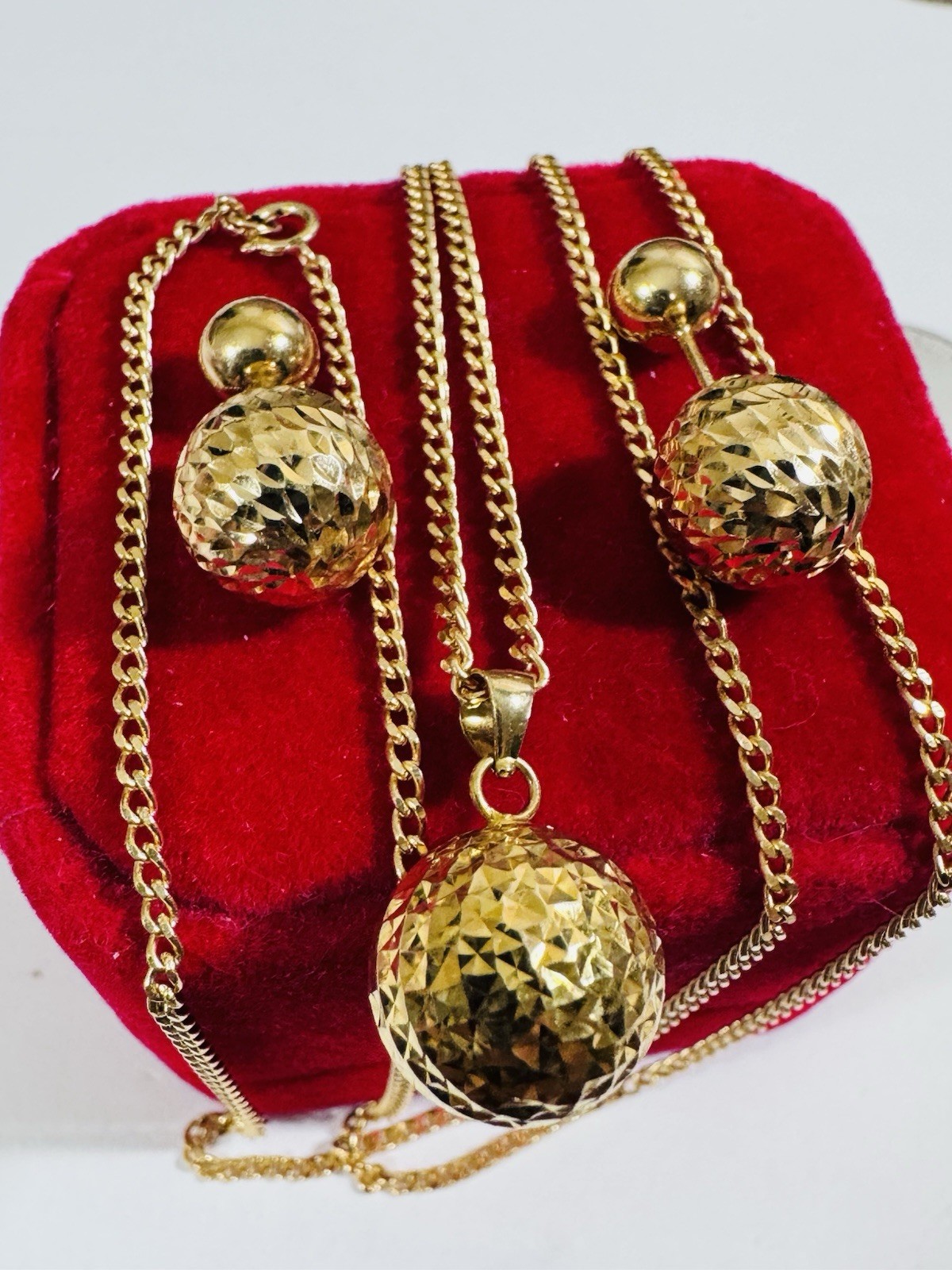 18K 750 Real Fine Gold Women’s Balls Earring & Necklace 23.5/24” long 10.4g 2mm