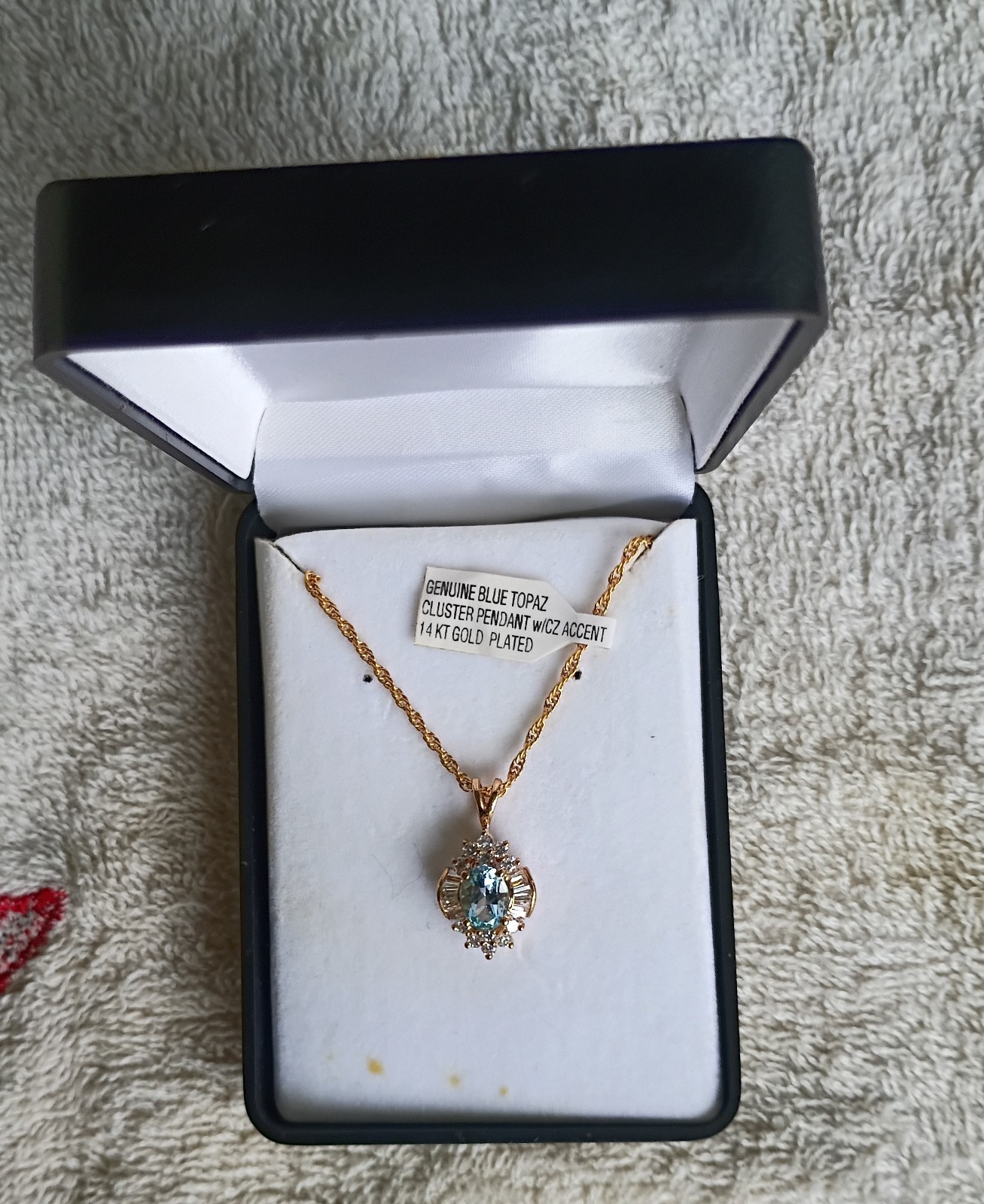 Vintage Blue Topaz Necklace With Cubic Zirconias 14K Gold Plate – New