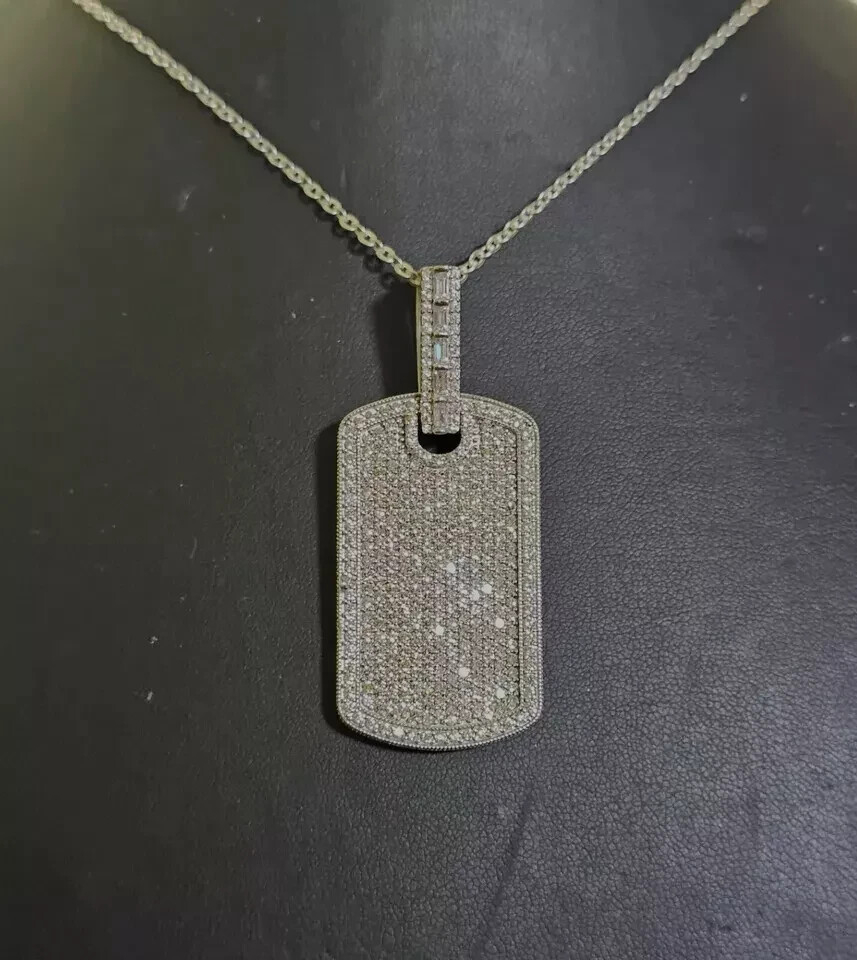 2Ct Round Cut Real Moissanite Dog Tag Pendant 14K White Gold Plated Silver