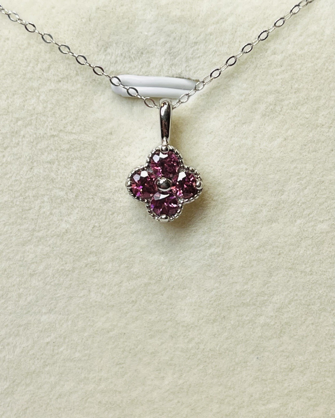 Real 925 Sterling Silver Natural Rhodolite Purple Garnet Clover Pendant Necklace
