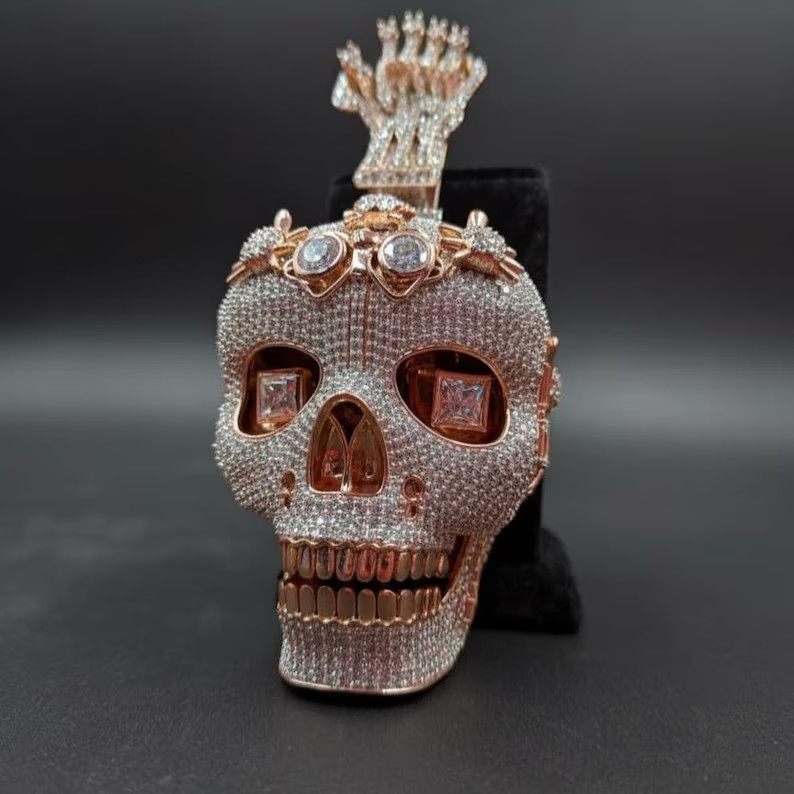 Tester Pass Moissanite Skull Pendant Rose Gold Plated Hip Hop Luxury Rap Jewelry