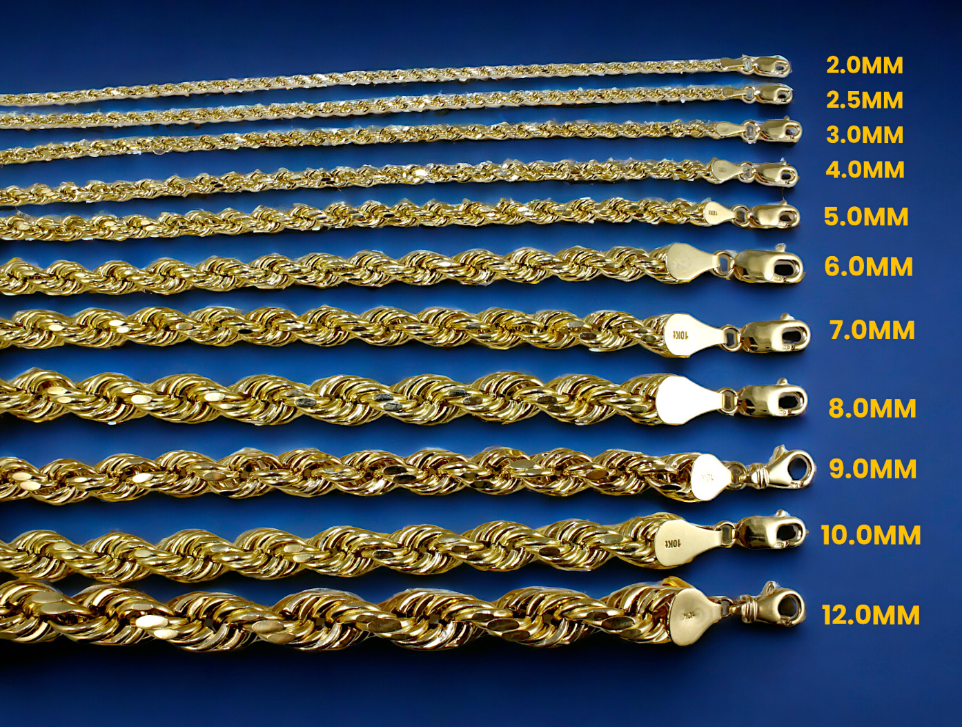 10K Yellow Gold Rope Bracelet Chain Diamond Cut Real Gold 2mm-10mm 7″-9″