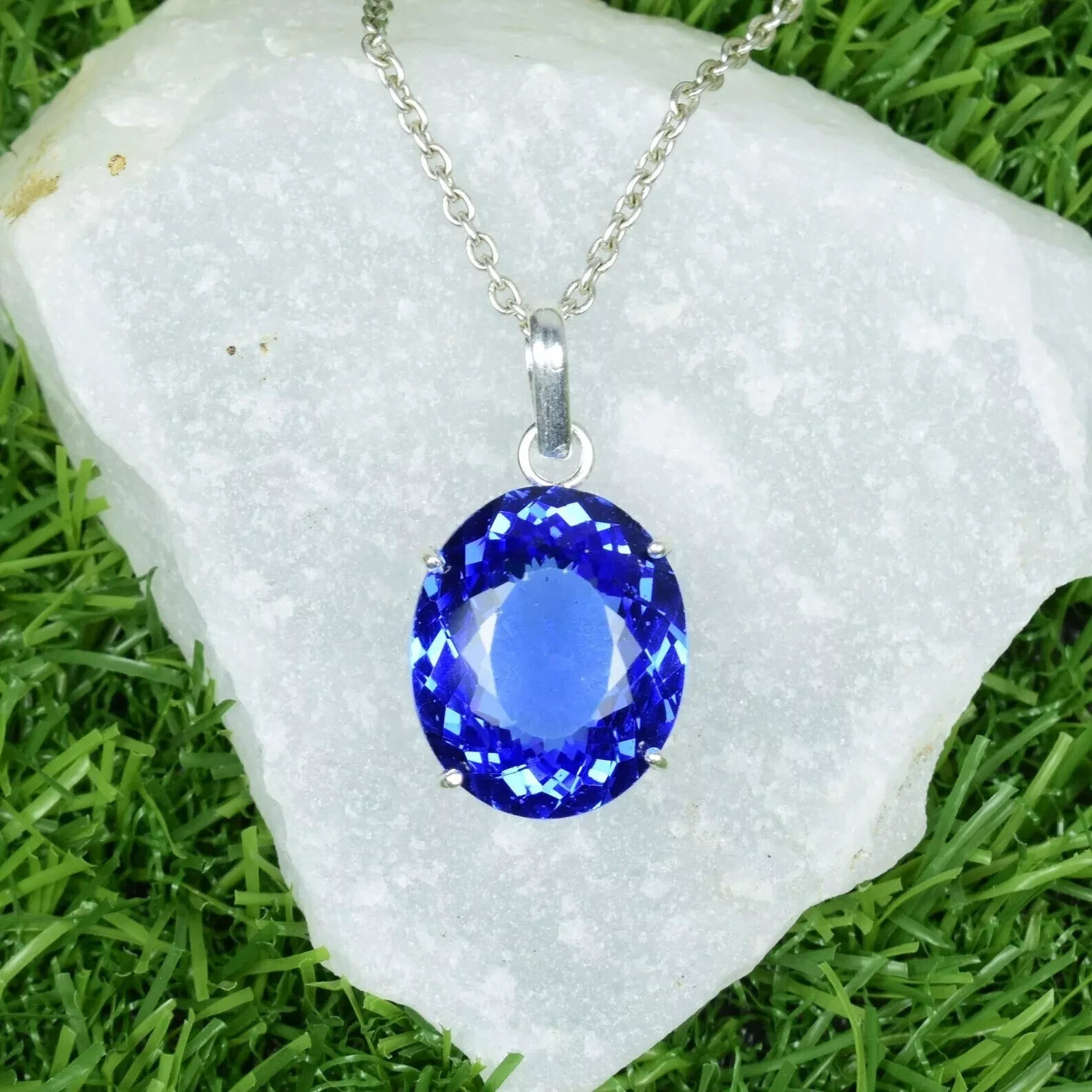 Natural Blue Tanzanite Pendant 925 Silver 30.64 Ct+ Oval Cut With Chain for Gift