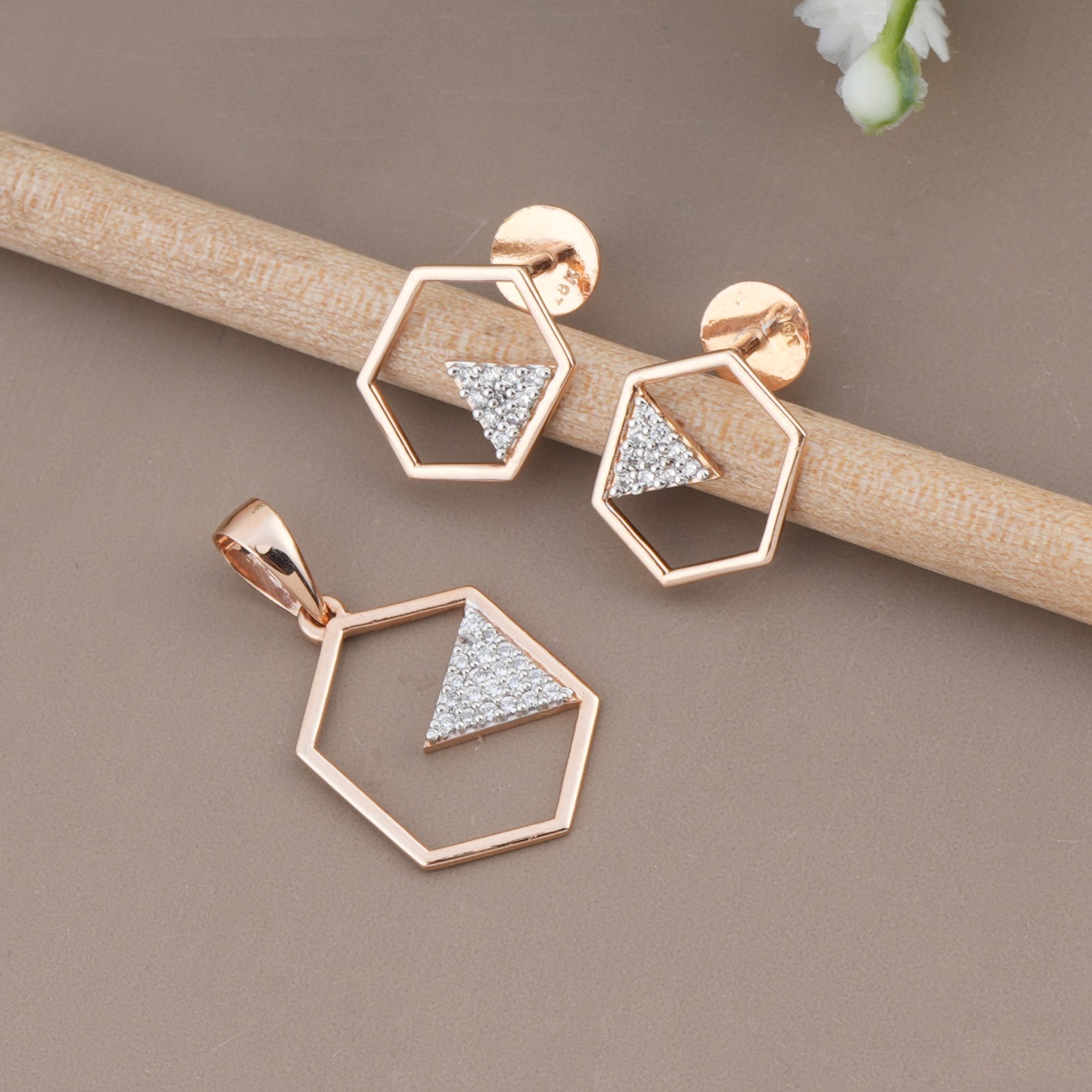 925 Sterling Silver Rose Gold Hexagon Pendant CZ Diamonds Unique Design