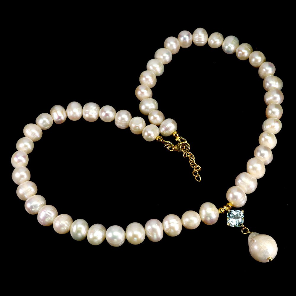 925 Sterling Silver Necklace Cushion Sky Blue Topaz 7mm Pearl Gemstone 16 Inches